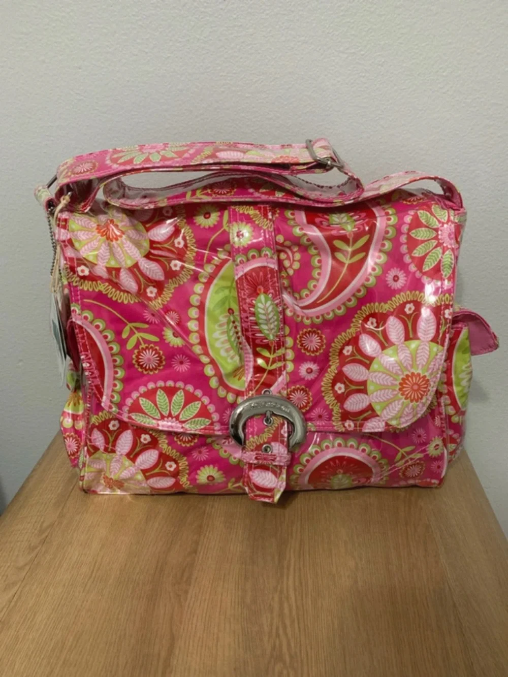 Pink Floral Baby Bag with Green Accents - Stylish Organizer
